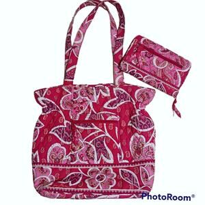 Vera Bradley Rosy Posies tote and matching wallet red and pink paisley RETIRED